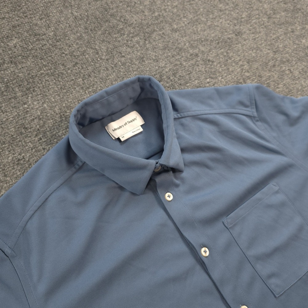 Ministry Of Supply Shirt Mens M Blue Knit Short Sleeve Button Up Tech Casual